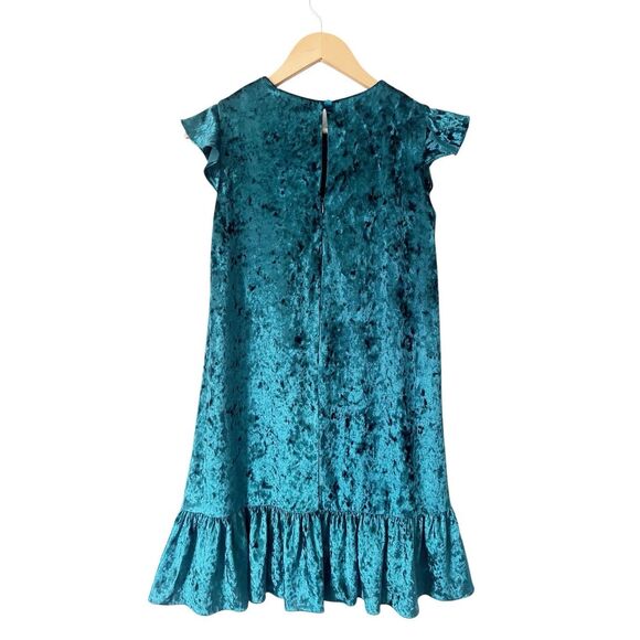 Milly Minis Blue Crushed Velvet Ruffle Trim Lined Flutter Sleeve Shift Dress 16 - Picture 3 of 5